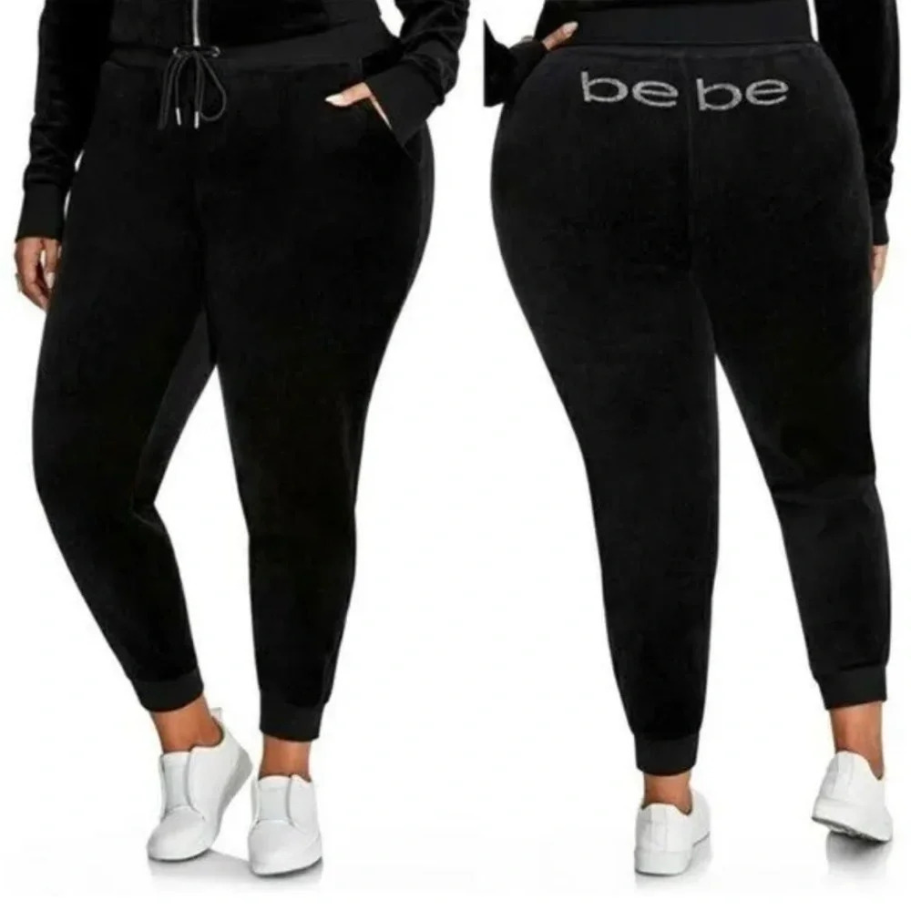 Bebe Sport | Velour Jogger Pants Gold Rhinestone Logo Drawstring Pockets
